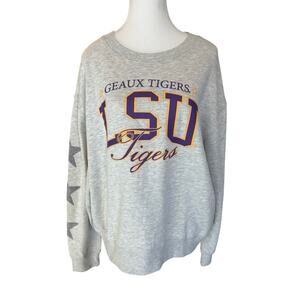 LSU Tigers Grey Oversized Crew Neck with Rhinestone Sleeves | Med